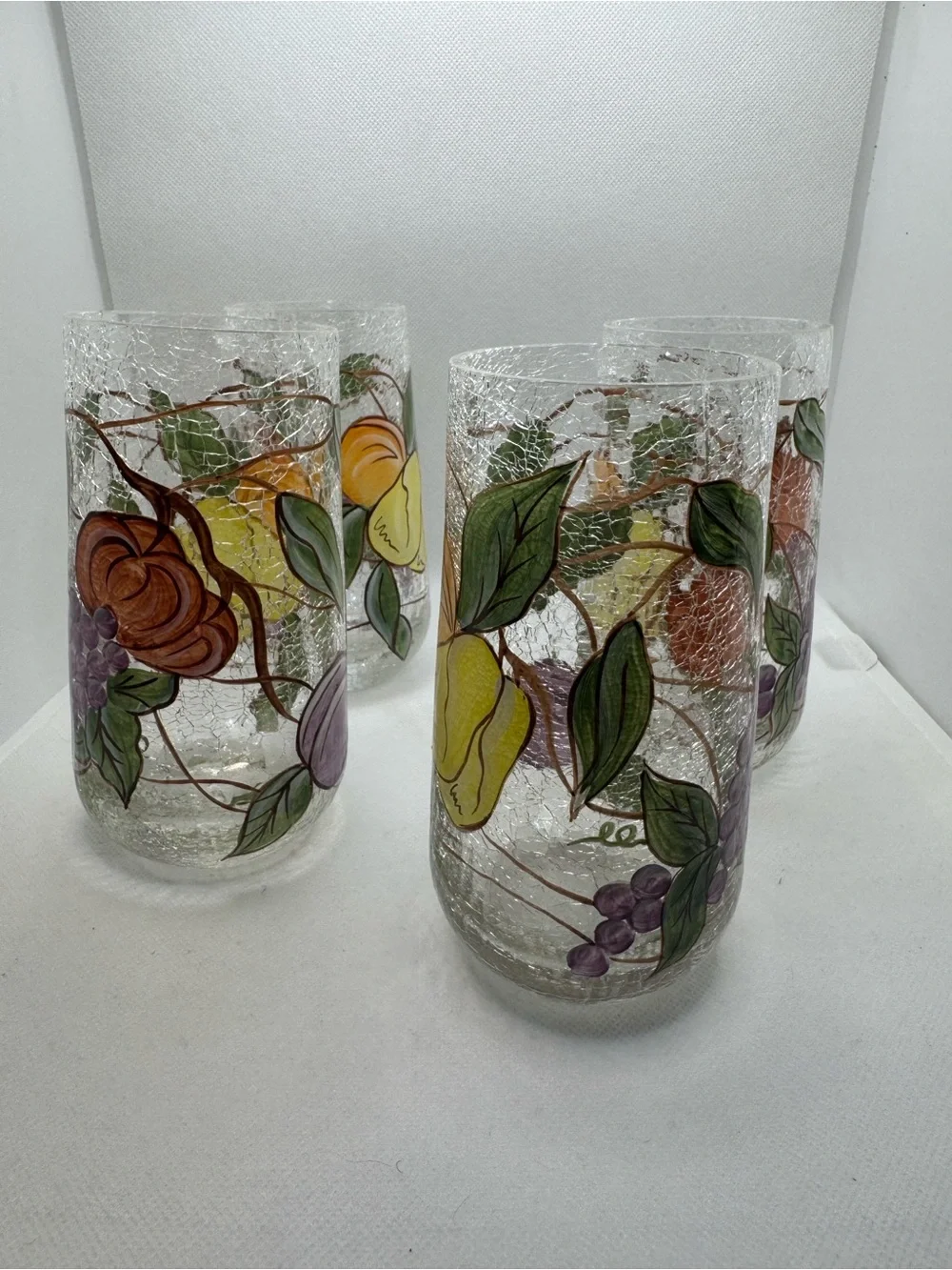 American Atelier Pompeii Fruit crackle glass tumblers 4 mouthblown hand painted